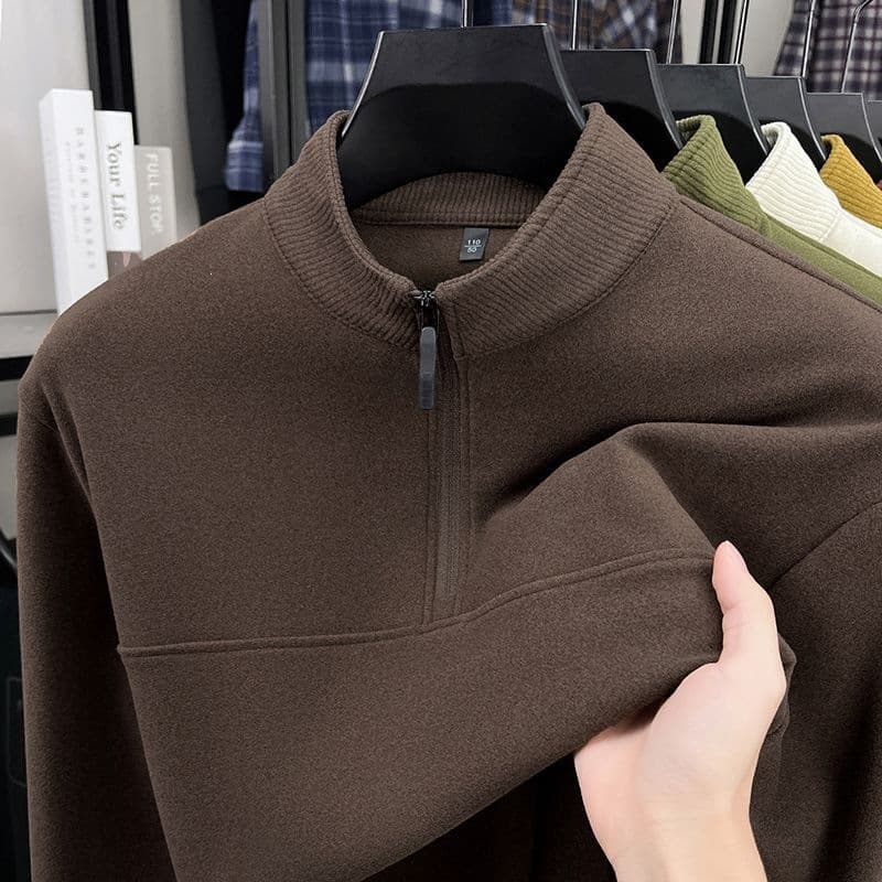 Double-sided German velvet bottoming shirt for men long-sleeved autumn and winter warm T-shirt stand collar solid color top half zipper versatile sweatshirt for men