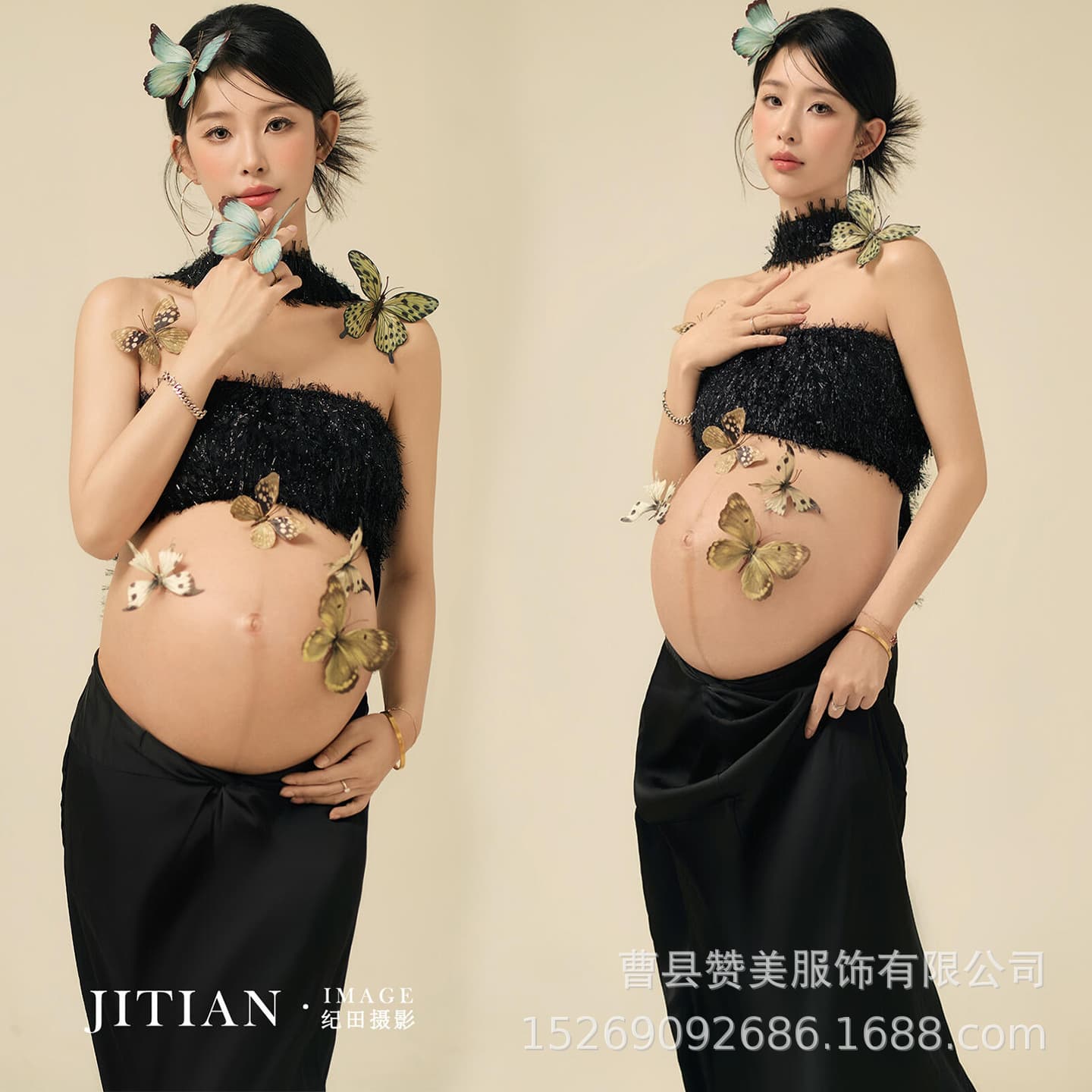 Photo studio's new style of pregnant women's photo clothing, retro black suit, atmospheric photo of pregnant mommy with big belly, taken at home