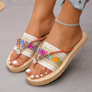 Bohemian Flat Plus Size Flip Flops Ethnic Beach Sandals Cross-border 2025 Summer Fashion Peep Toe Slippers