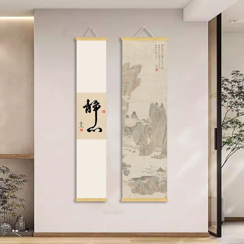 Zen Calligraphy Hanging Art, Study and Tea Room Decor, Entryway Ancient-style Landscape Scroll Paintings, Vertical "Shede" Character Art