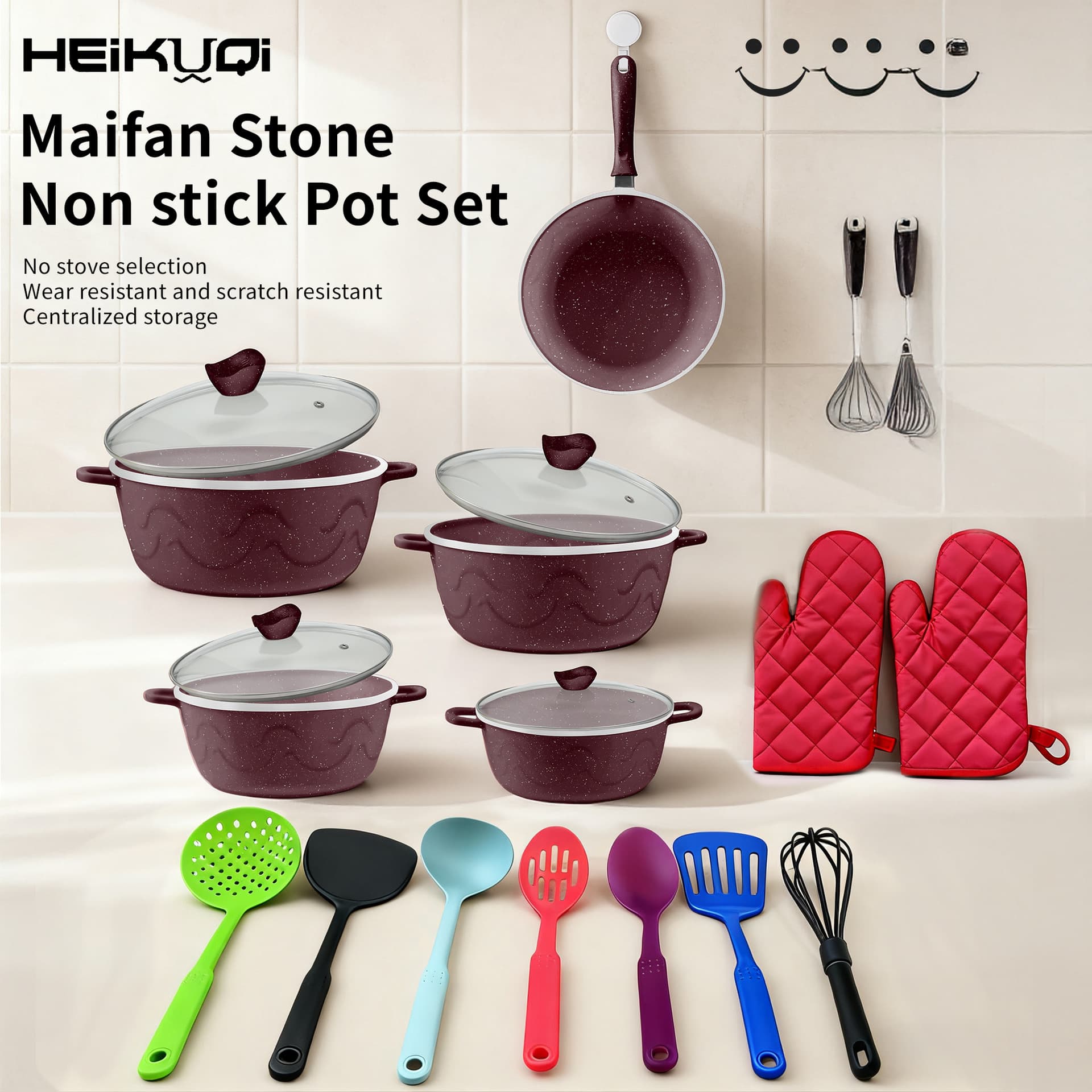New Heykuqi 19pc Non-Stick Cookware Set, Aluminum Die-Cast Home Kitchen Cooking Utensils