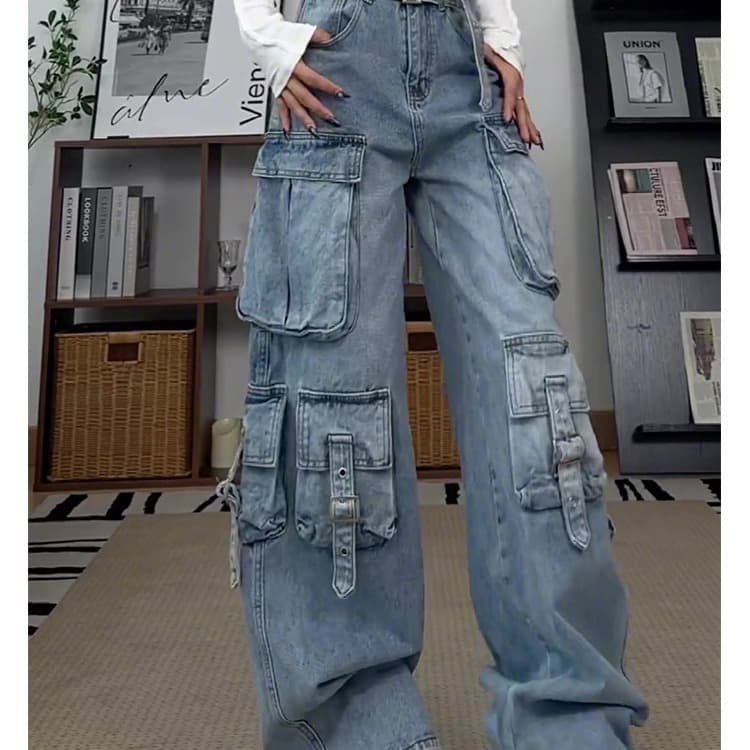 Hip-hop street style heavy industry multi-pocket autumn and winter new loose slimming design wide-leg work jeans for women