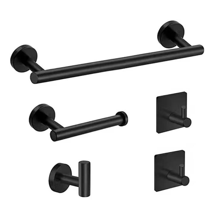 Cross-border 304 Stainless Steel Towel Rod Black Set, No-Drill Bathroom Wall Mount, Toilet Paper Holder, Hook