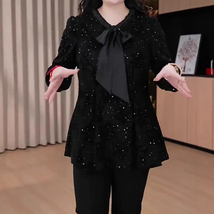 2025 Early Autumn Luxury Sparkling Bow Feminine Elegant Plus Size Lace Loose Blouse Women's Wear