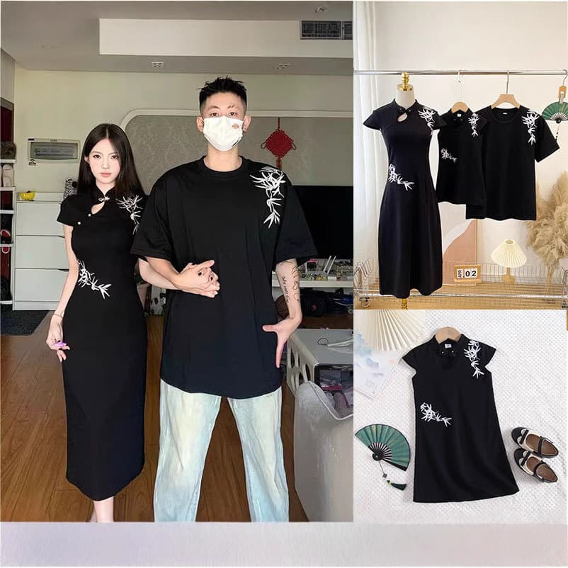 New Chinese-Style Couple Outfit 2025 Summer National Style Family Matching Qipao Short Sleeve Dress High-End Sense Girls' Dress with Embroidery