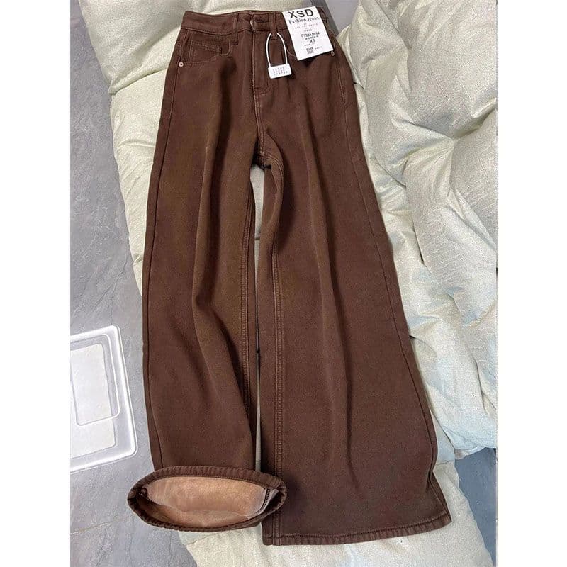 American High-Street Fleece-Lined Brown Wide-Leg Jeans for Women, Loose Fit Autumn Slimming Thickened High-Waist Straight-Leg Floor-Length Pants