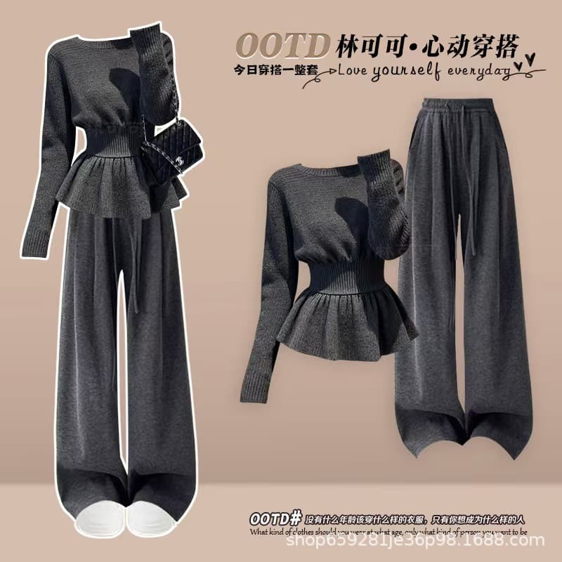 Fashionable Women's Slimming Knit Sweater with Flowing High-Waist Wide-Leg Pants Casual Set