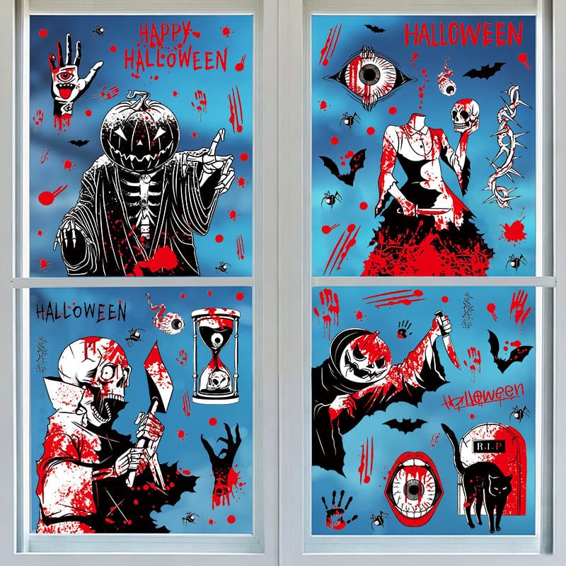Halloween window sticker blood skull window sticker pumpkin head blood handprint pvc sticker glass window holiday decoration