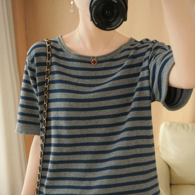Combed Cotton Striped Knit Short Sleeve Women's Cotton Linen Top 2021 Summer New T-Shirt Loose Base Layer