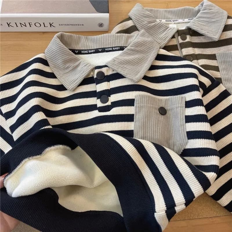 Boys' Winter Fleece-Lined Hoodie 2023 New Baby Long Sleeve POLO Shirt Korean Style Striped Children's One-Piece Fleece Top