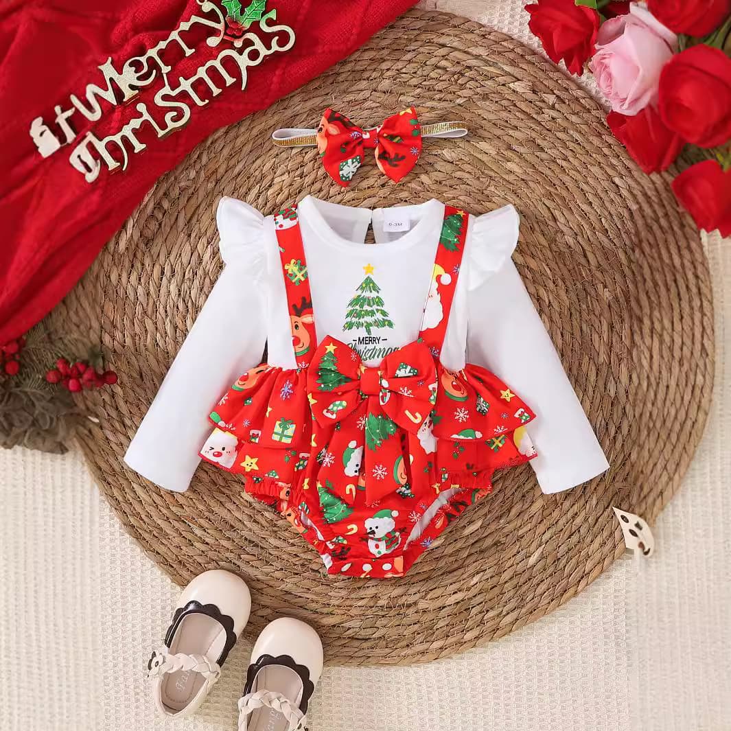 Autumn and winter Christmas cute baby Christmas printed Christmas tree skirt spliced suspenders long sleeves + headscarf two-piece set