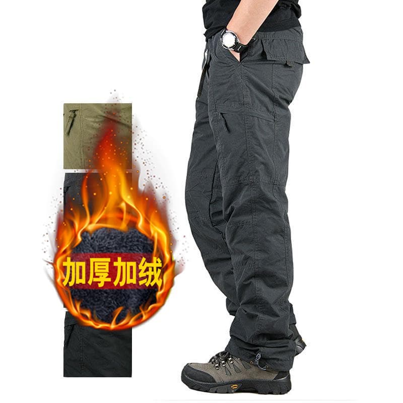 Men's winter fleece-lined and thickened work pants, outdoor warm men's cotton pants, straight leg, plus size, multi-pocket casual pants.