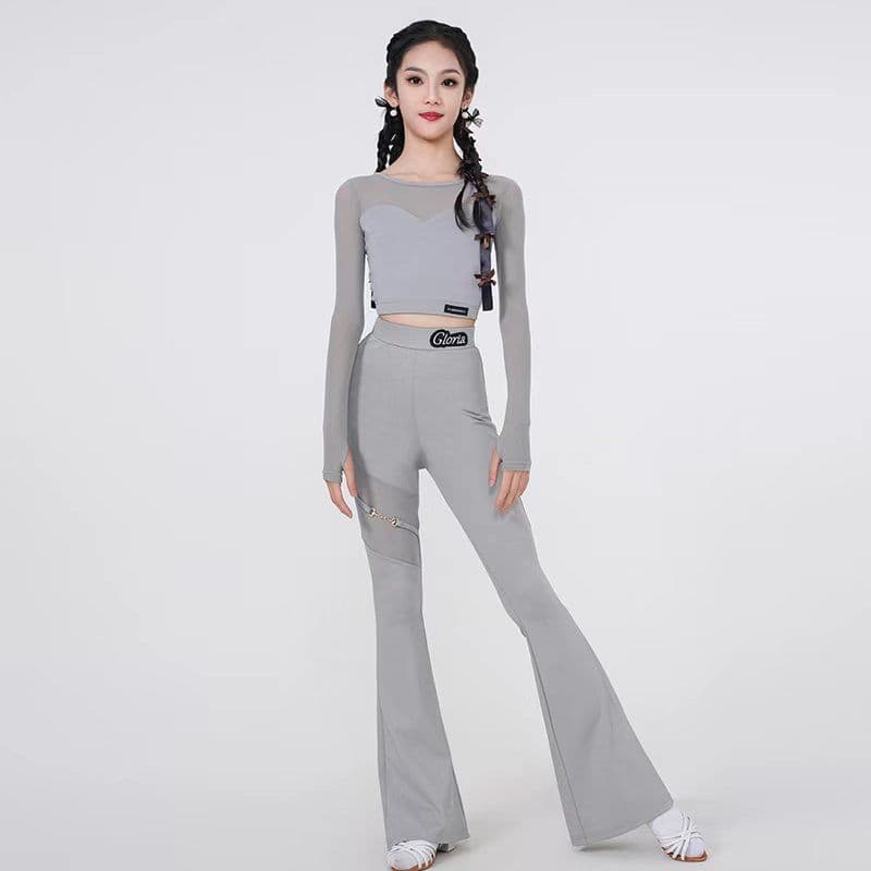New Latin dancewear for women, mesh top with flared pants, children's Latin performance and practice outfit set.