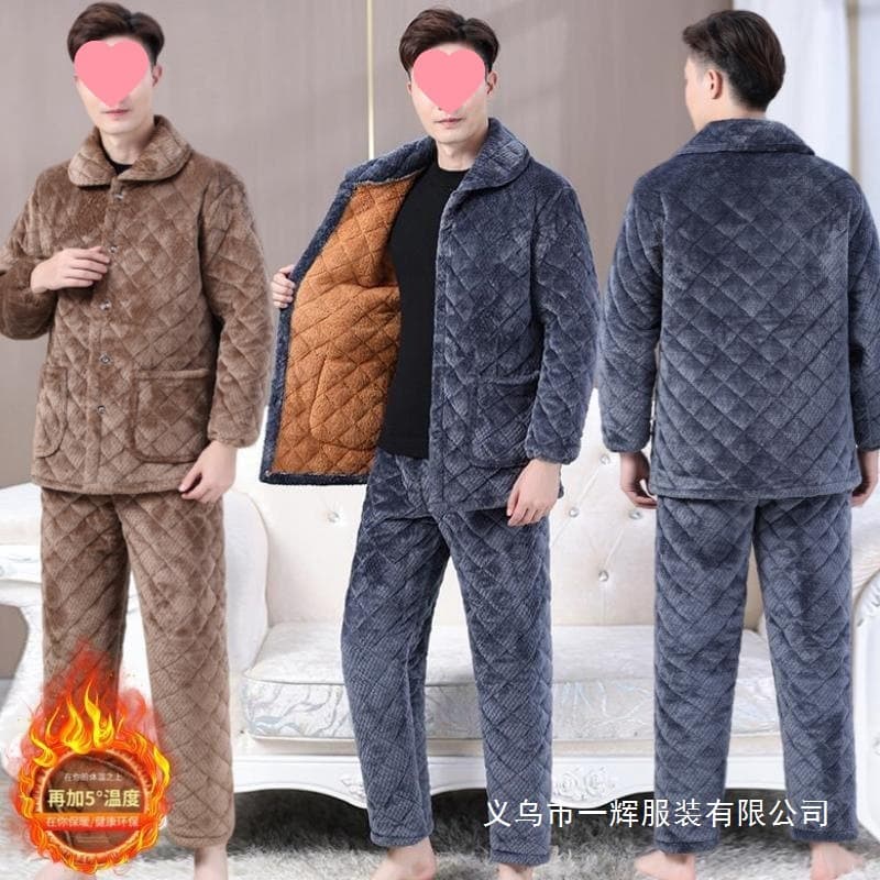 Winter Men's Fleece-Lined Thick Three-Layer Cotton Plus Size Coral Fleece Pajamas Home Wear Wholesale