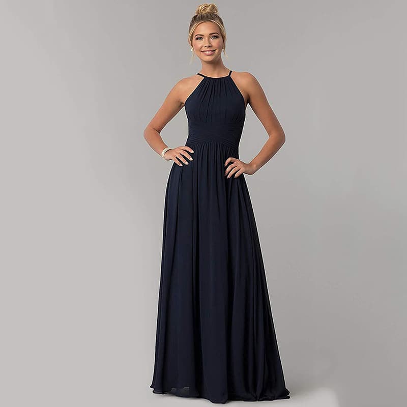 Cross-border New Sling Chiffon Bridesmaid Dress A- line Ball Evening Dress Pleated Slim Sleeveless Pink dress