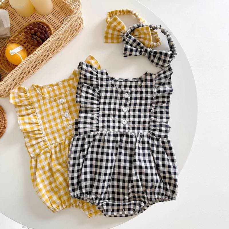 New style summer sleeveless harem suit for infants and young children, Korean style color-blocked plaid bag fart suit, baby girl onesie, triangle crawl suit
