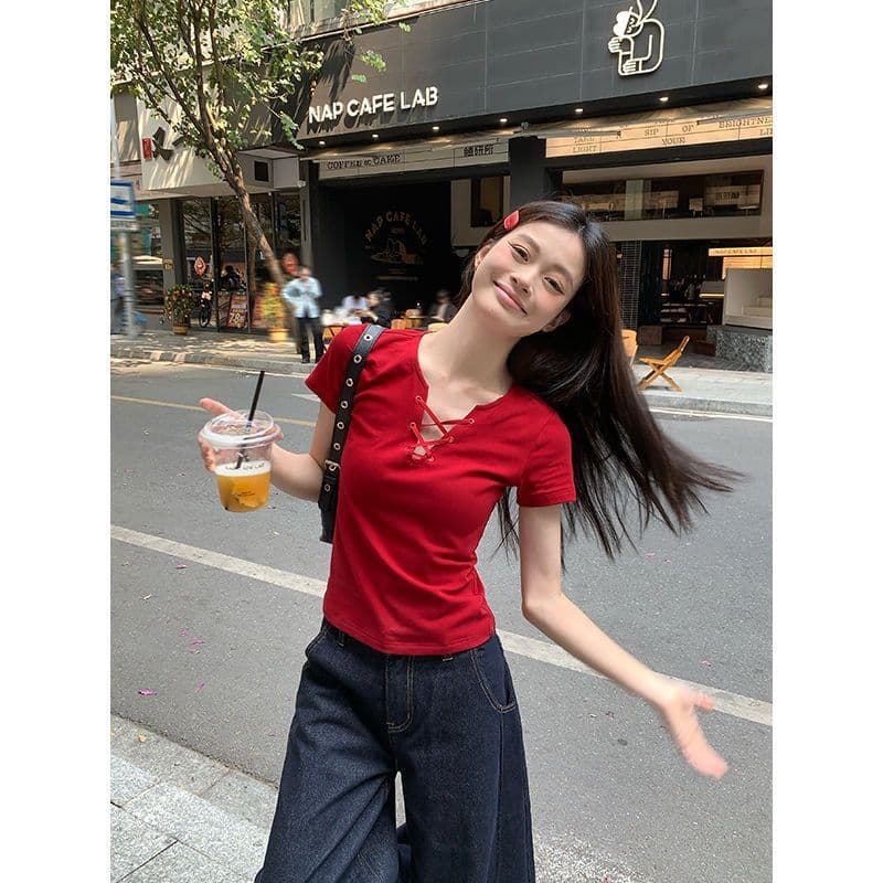 Women's T-Shirt, Y2K American Retro V-Neck Tie-Strap Short Sleeve, Summer Fitted Waist-Slimming Bodycon, Red Top