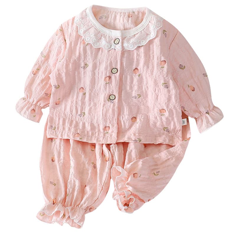 Girls' Pajamas Summer Cloud Cotton Thin Princess Style Baby Loungewear Set Lace Trim Sweet for Older Girls