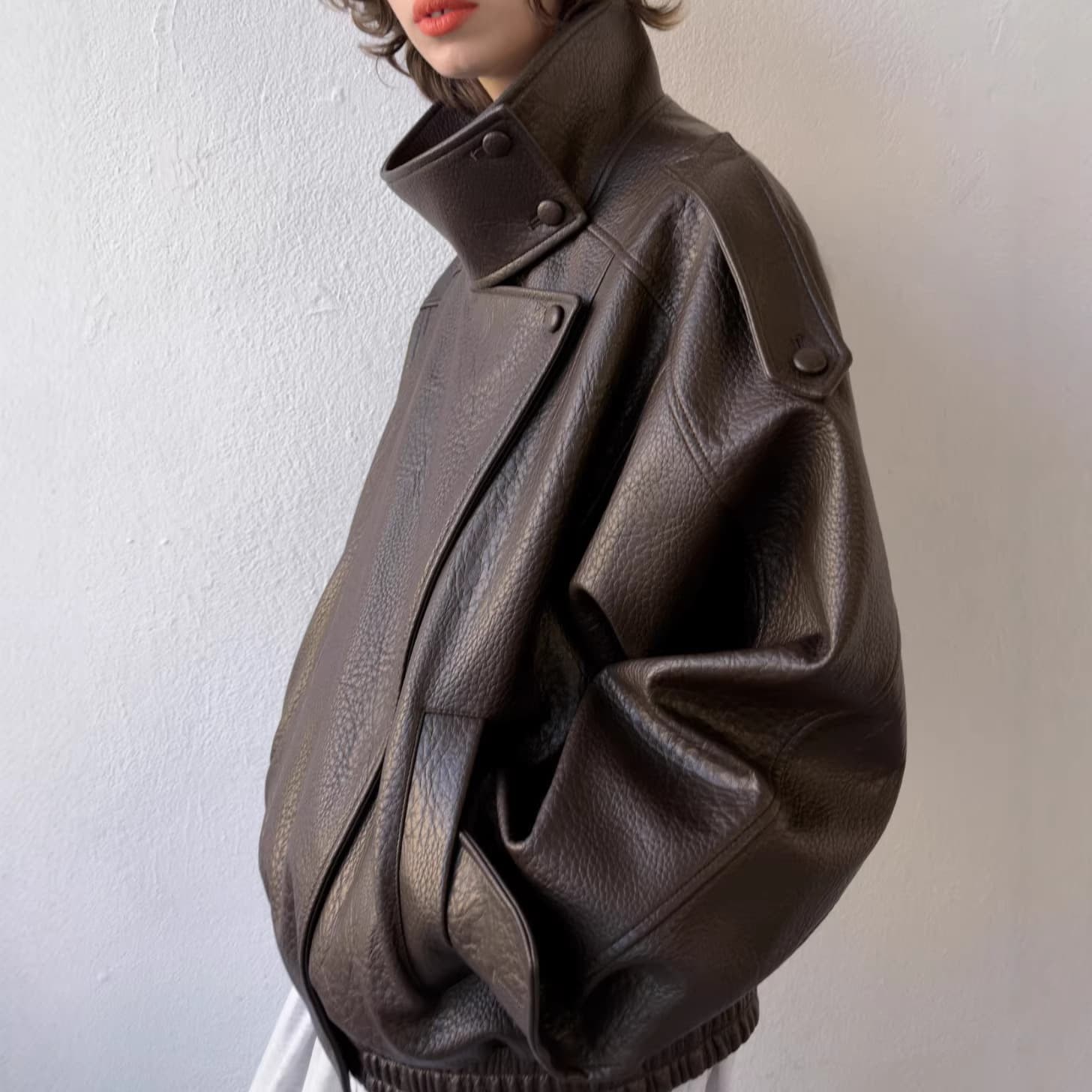 Original 4391/892 Leather Jacket Women's European and American Style Wholesale Brown Textured Faux Leather Jacket Loose Fit PU Coat