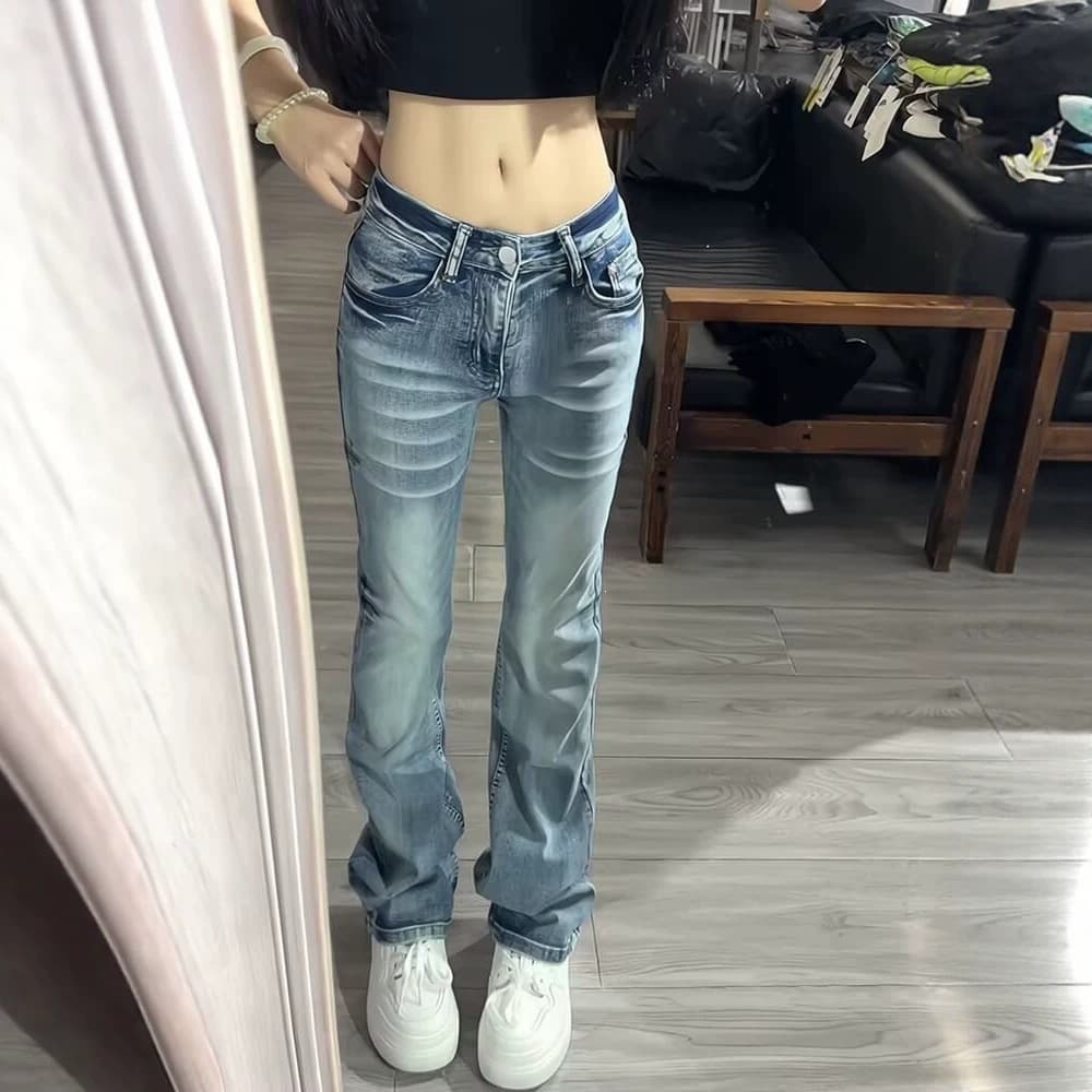 American Style Hot Girl Low Waist Leg-Lengthening Narrow Straight Leg Jeans for Women Summer New Slim Fit Versatile Flared Pants