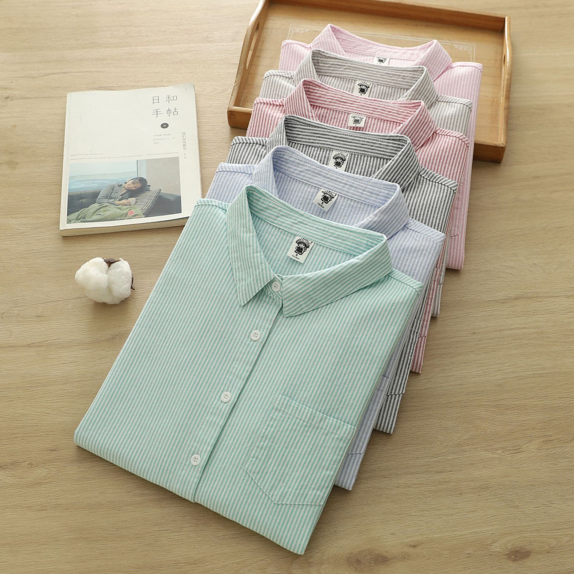 Factory direct sales pure cotton oxford striped women's shirt literary casual striped long-sleeved women's shirt