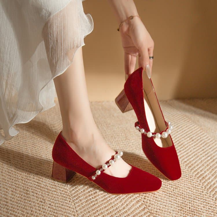 Suede Burgundy High Heels Women's Thick Heels 2025 New Square Toe Mary Jane Shoes Medium Heel Single Shoes Wedding Shoes Bridal Shoes