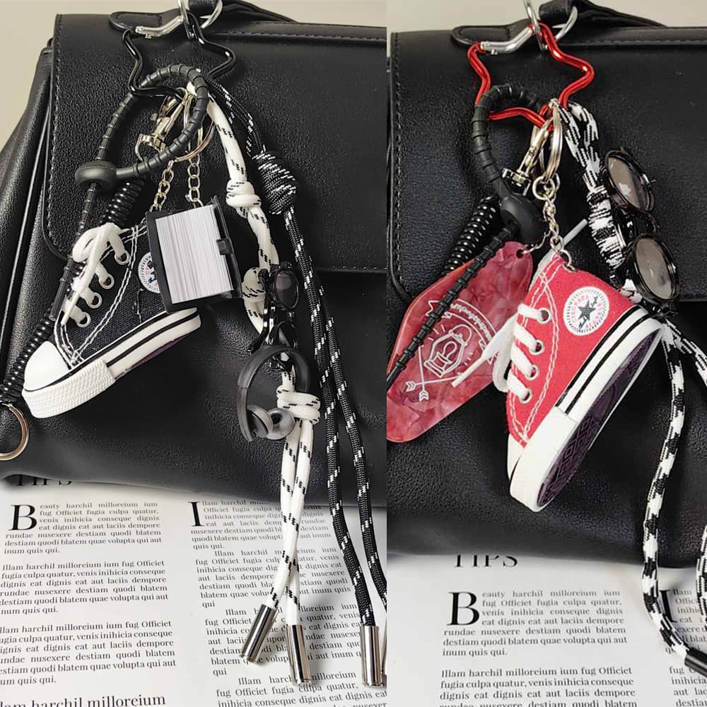 Campus Style Red Canvas Shoes Keychain Black Frame Glasses Hotel Name Tag Pendant Bag Charm for Men and Women