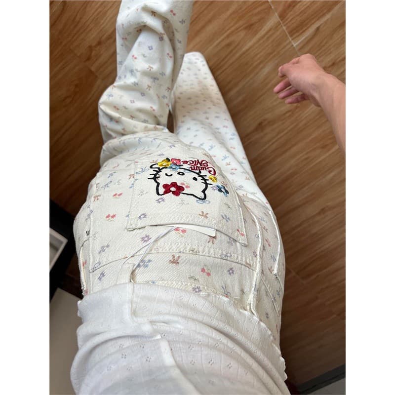 Summer design sense off-white kitty cartoon cat floral jeans for women, straight-leg high-waist wide-leg wutong pants.