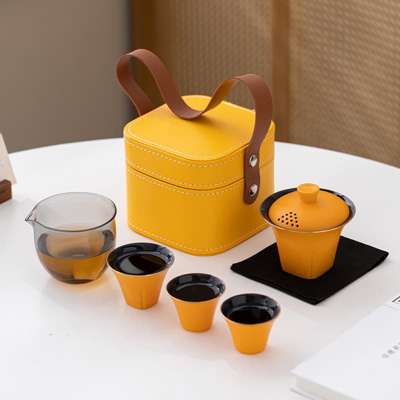 Portable Travel Tea Set with Ceramic Teapot and Two Cups for Outdoor Camping, Quick Cup Gift