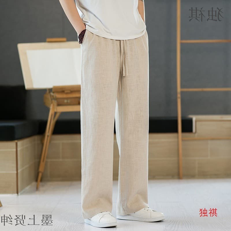 Men's Linen Pants Summer Thin Loose Straight Wide Leg Cotton Linen Casual Pants Plus Size