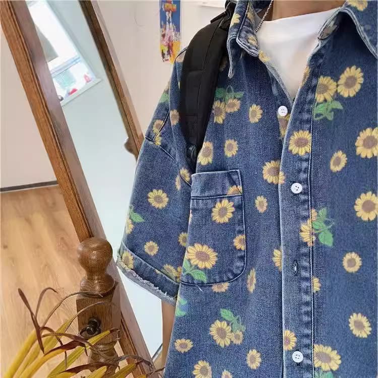 Retro distressed denim shirt men's summer Hong Kong style all-over printed daisy washed shirt trendy loose short-sleeved top