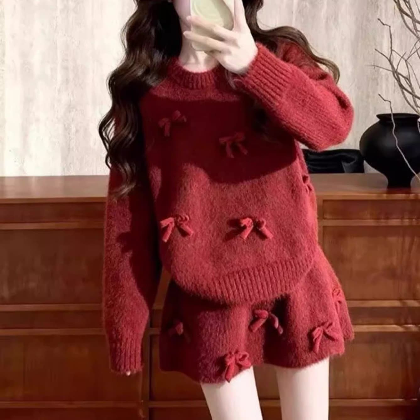Winter Outfit Set: New Year Red Series, Stylish and Unique, Beautiful Sweater and Skirt Two-Piece Set with Elegant Look