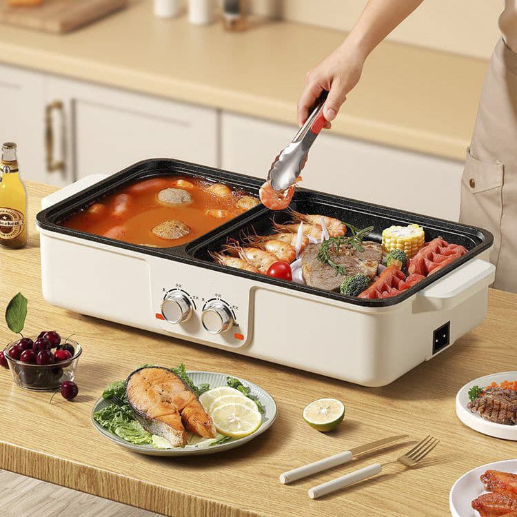 New Function Shabu and Grill Pot, Electric Hot Pot and Griddle for Home Barbecue, Dual-use Non-stick Roasting