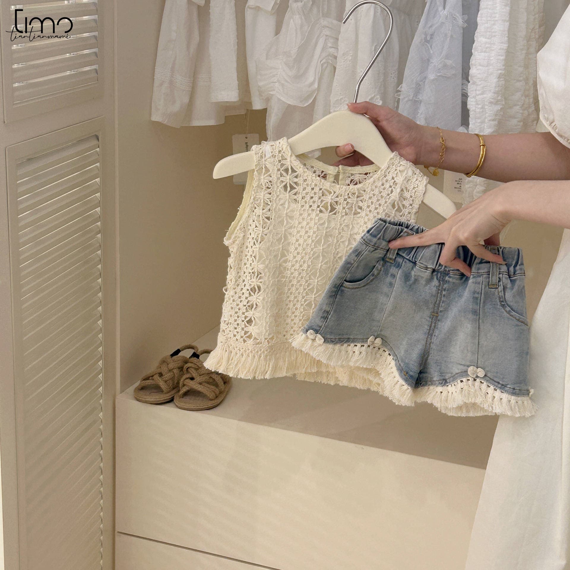 TIMO Girls Summer Suit 2025 New Korean Style Girl Summer Hollow Vest Camisole Top Jeans Two