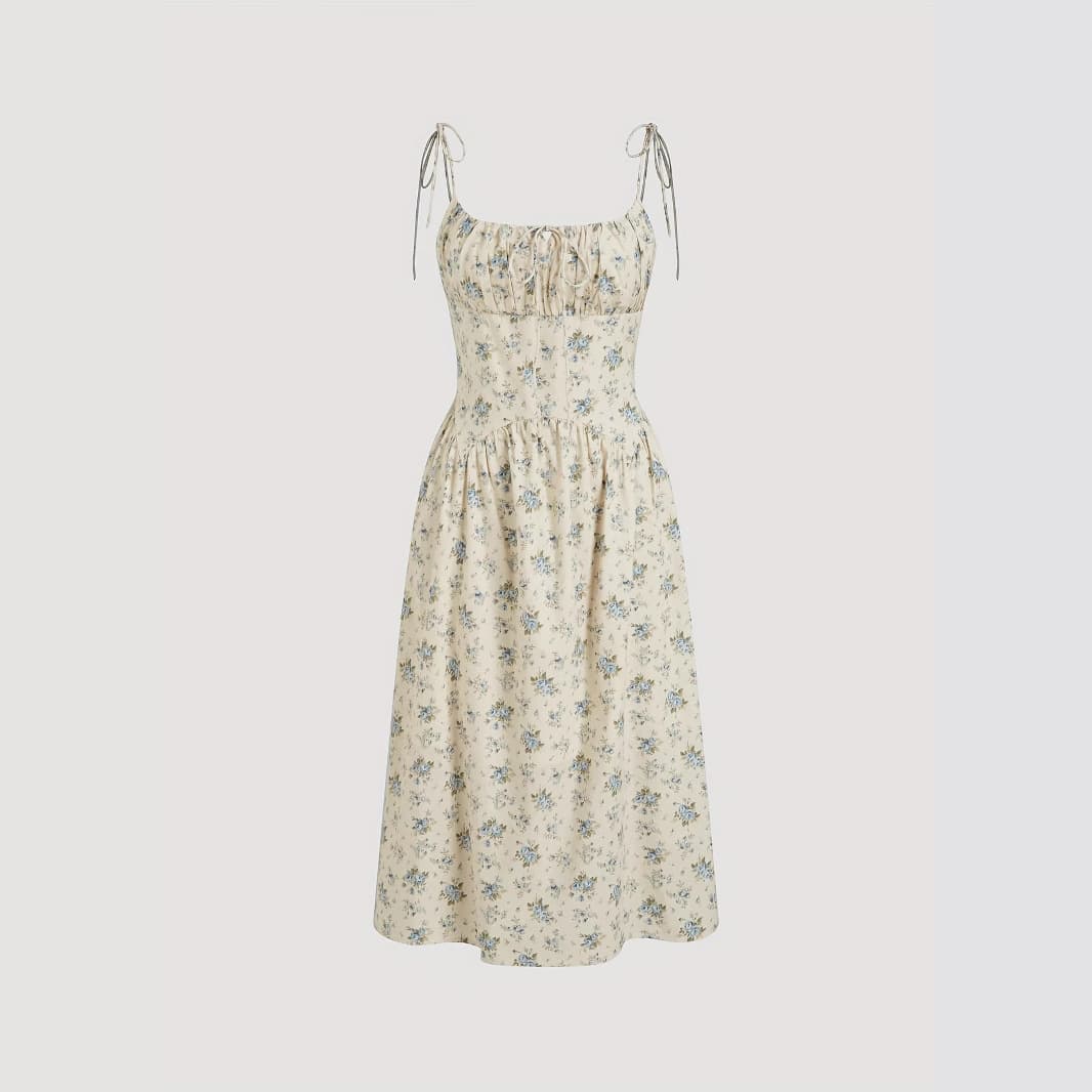 2025 Summer Sweet Floral Print Waist-Cinching Slimming Strapless Dress Fairy Long Dress