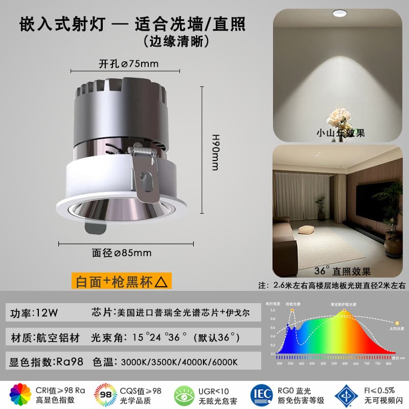 Lex LED Full Spectrum 98 CRI Anti-Glare Tri-Color Villa Wall Wash Light Recessed Small Hill Spotlight