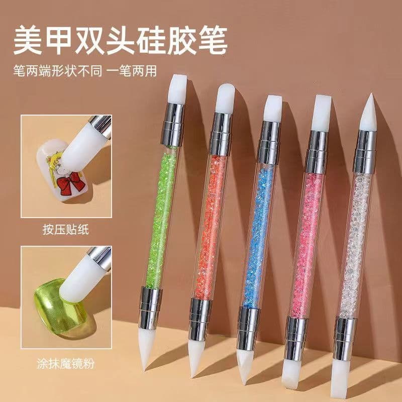 Manicure silicone double-ended embossing pen nail decal sticker carved smudge press stick magic mirror chalk brush