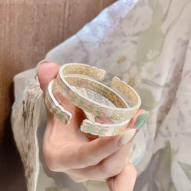 No. 8259 Enamel Painted Begonia Flower 999.9 Pure Silver Bracelet Gold-traced Enamel Auspicious Clouds Qixi Gift for Girlfriend