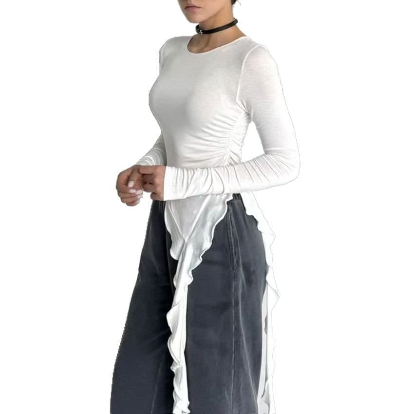 TMBP-1052 - Summer Commute Tie-Dyed Solid Cotton-Linen Asymmetric Collar Long-Sleeve Top, Light Mature Style