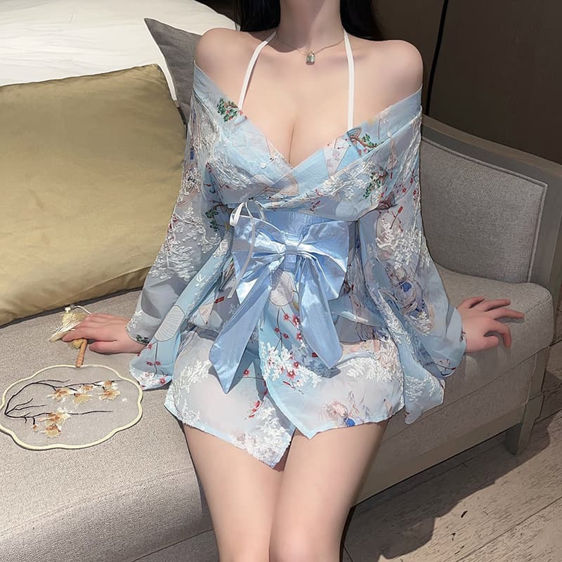 Plus Size New Lingerie Printed Japanese Bow Kimono Robe Costume Sexy New Japanese Nightwear
