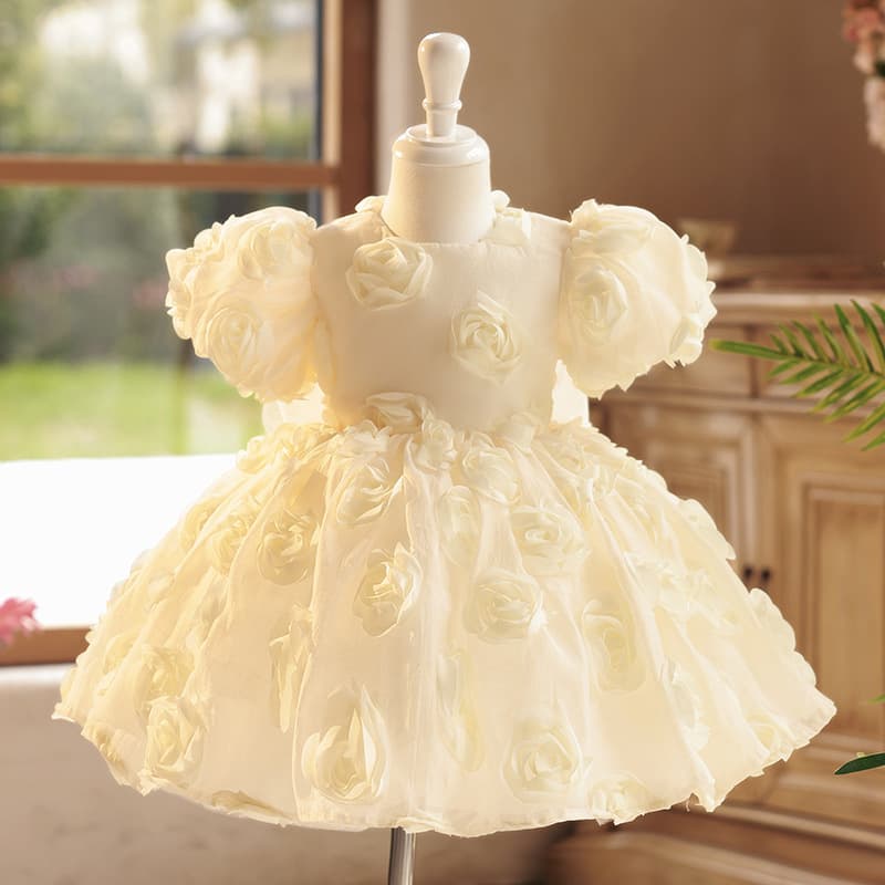 Children's Elegant Champagne Princess Dress with 3D Flowers, High-End Girls' Dress for Wedding and Flower Girl
