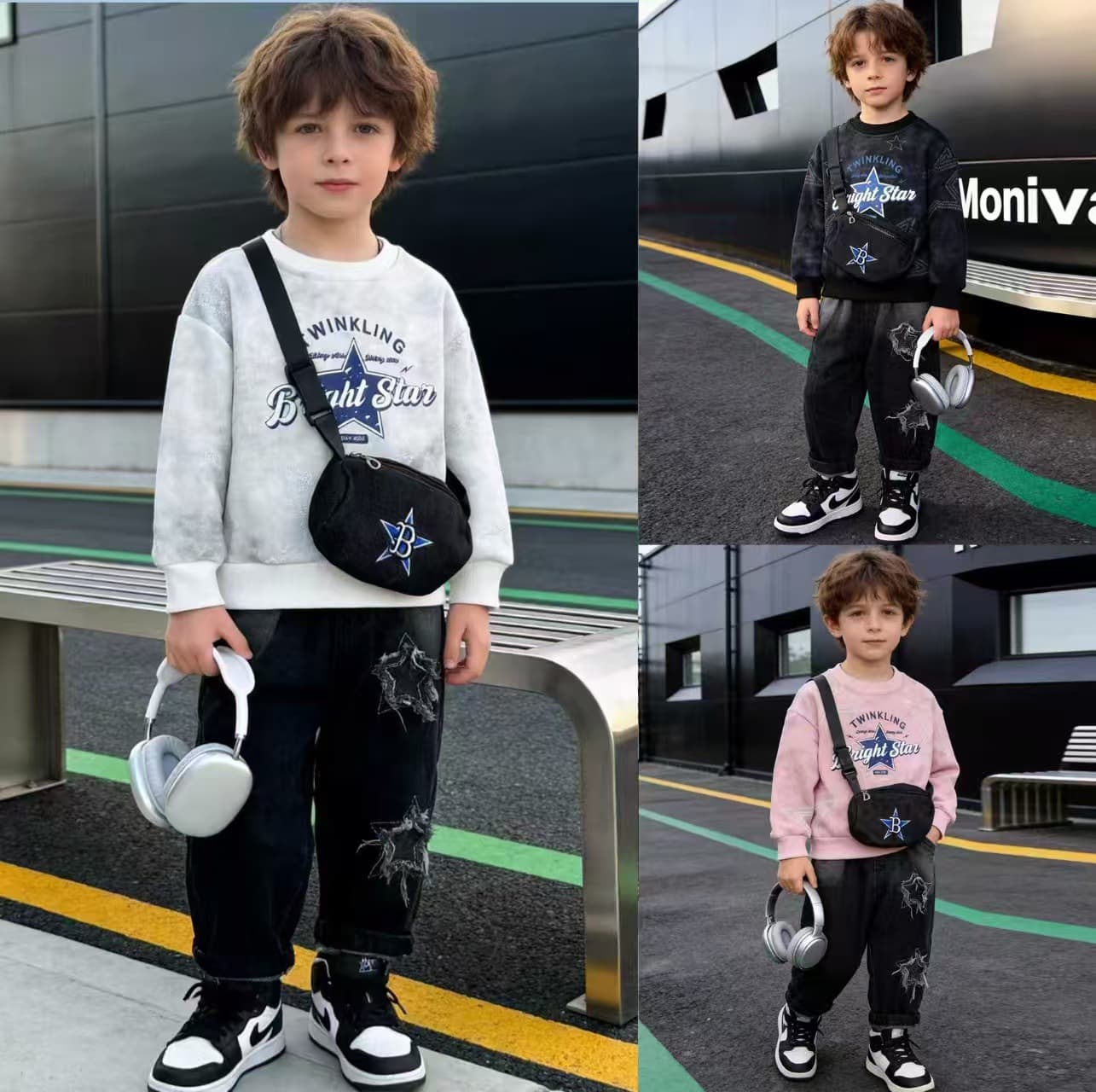 Cross-Border Spring/Autumn New Boys' Set: Five-Pointed Star Bag, Round Neck Sweatshirt, Boys' Casual Long-Sleeve Top and Long Pants, 2-Piece Set