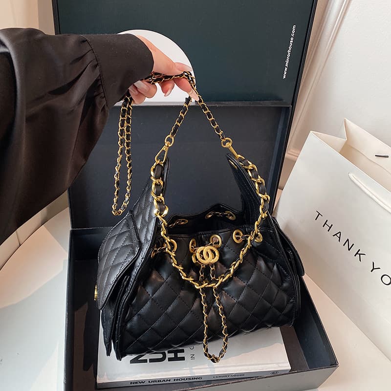 Lattice-Patterned Chanel-Style Tote Bag, New Cross-Border Bucket Underarm Bag, Single-Shoulder Handbag, High-End Chain Crossbody Bag