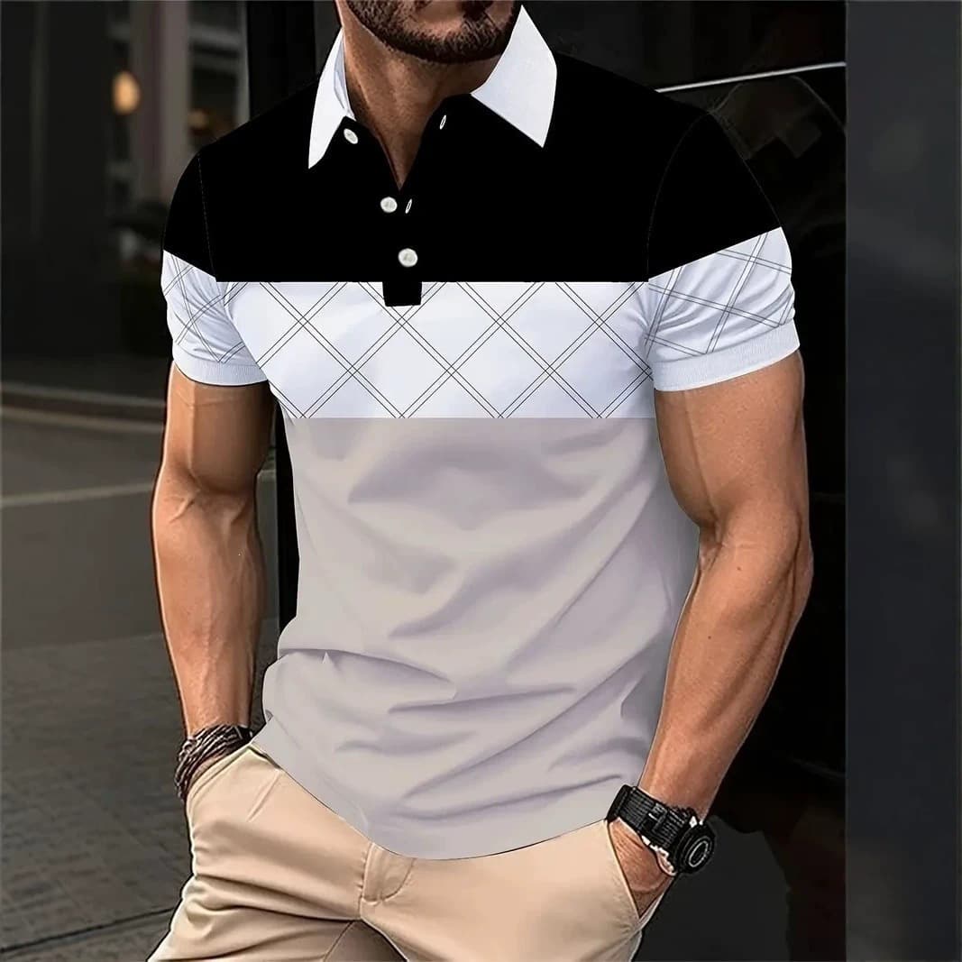 Summer thin color-blocked diamond short-sleeved polo shirt for men Amazon breathable lapel loose large size men's polo shirt