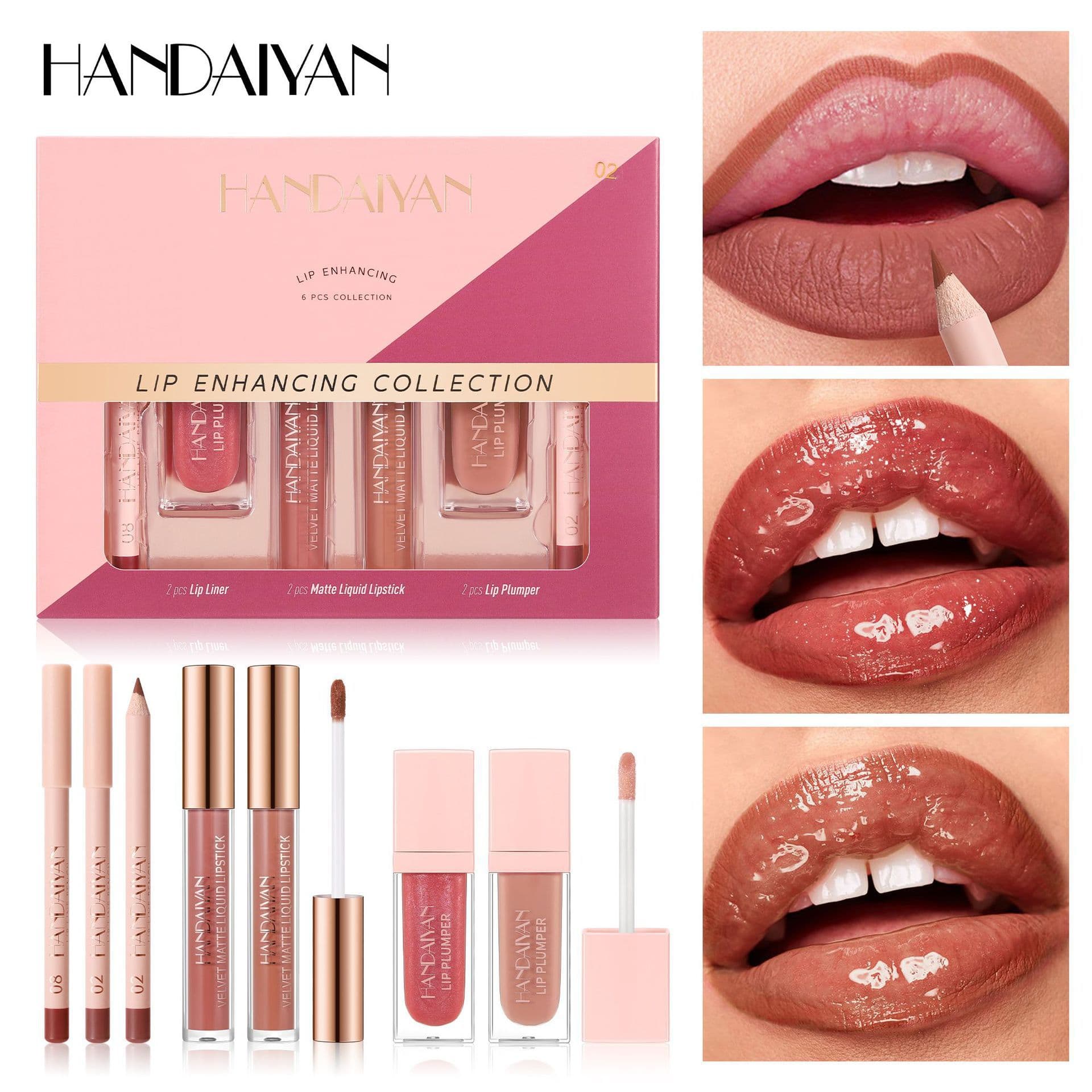 HANDAIYAN Cross-border Lip Gloss Set 6-Piece Easy Color Waterproof Lip Set Matte Lip Gloss Lip Liner