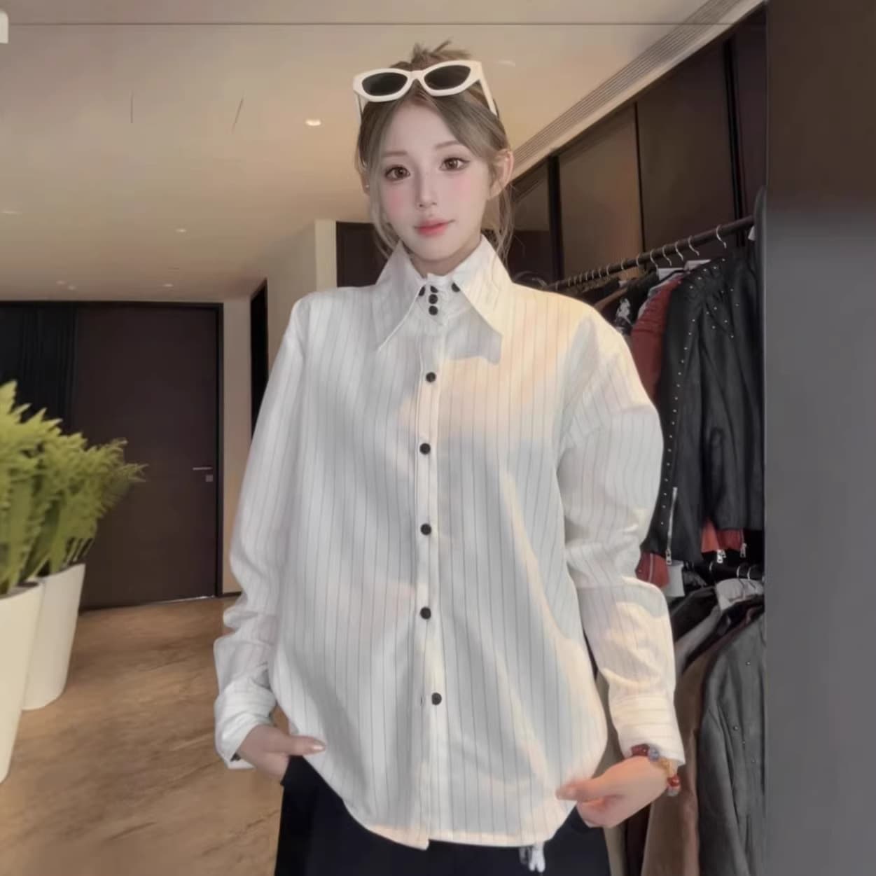 Designed Striped High Neck Pointed Collar Shirt for Men and Women, Spring and Fall Commute Versatile Casual Long Sleeve Blouse Jacket