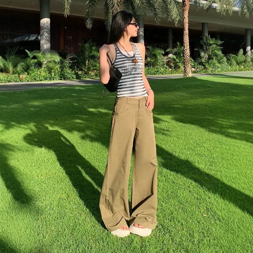 Thirteen lines of summer new Maillard retro loose and versatile straight-leg floor-length trousers army green wide-leg casual pants for women
