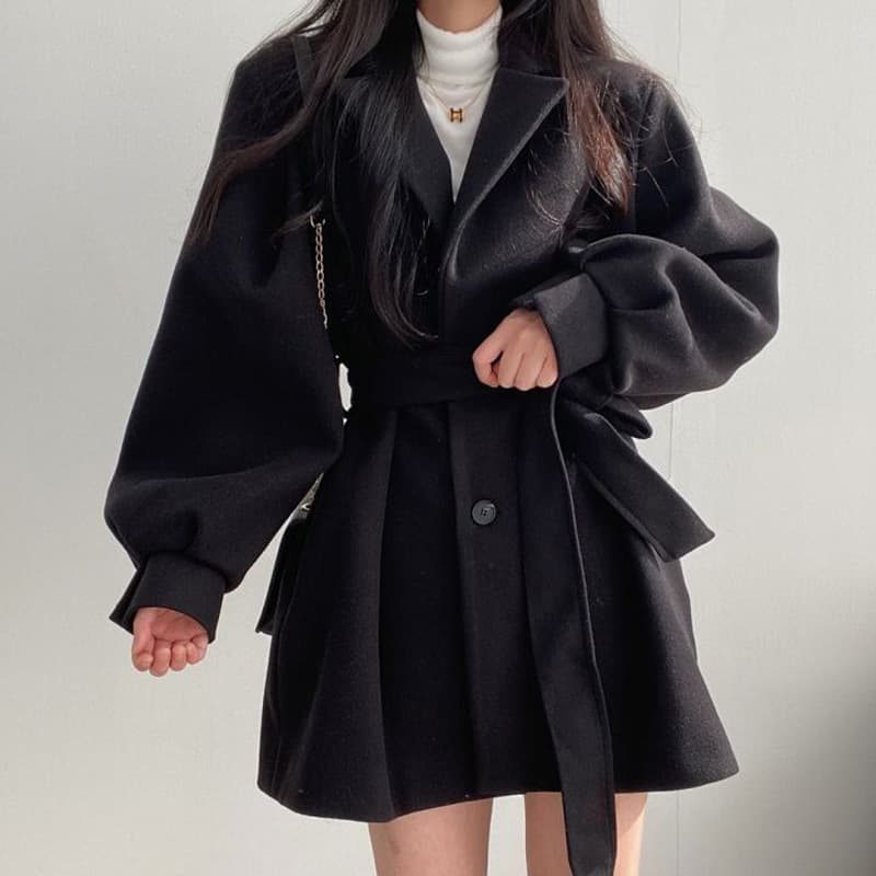 New Korean Autumn/Winter Tie-Waist Petite Suit Collar Hepburn-Style Mid-Length Woolen Women's Coat