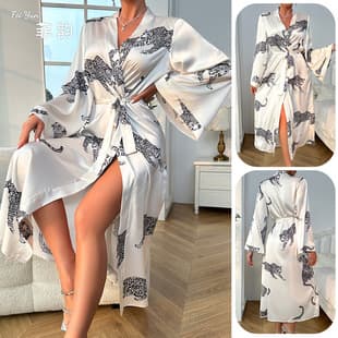 European American Amazon Cross-Border Women Long Satin Bathrobe Long Sleeve Tie Sexy Loungewear Wholesale 211