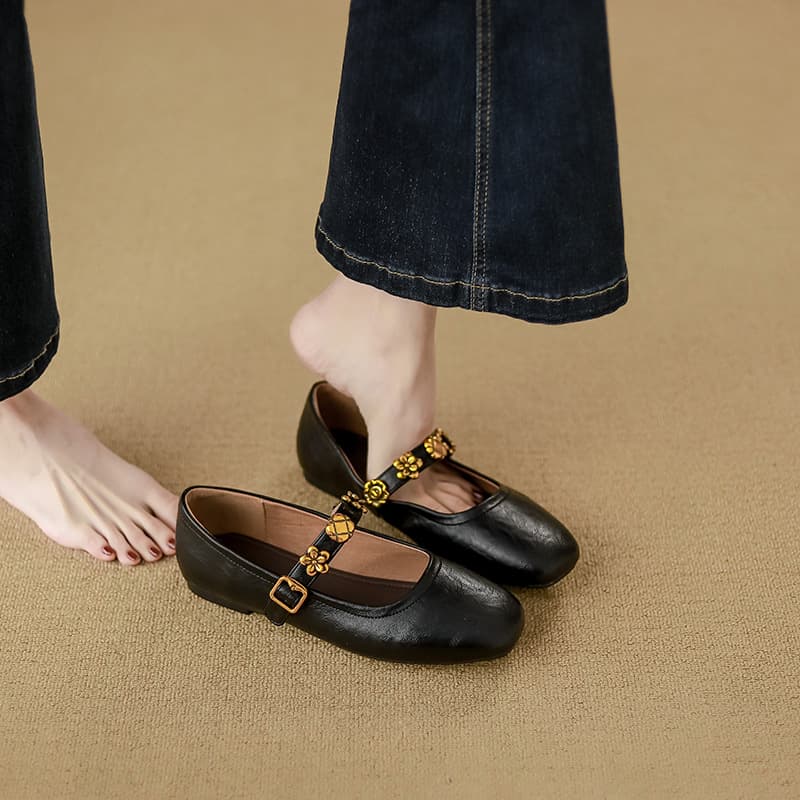 French Style Soft Leather Flat Bottom Mary Jane Shoes Women's Ballet Flats Mango Head Vintage Gentle Evening Shoes